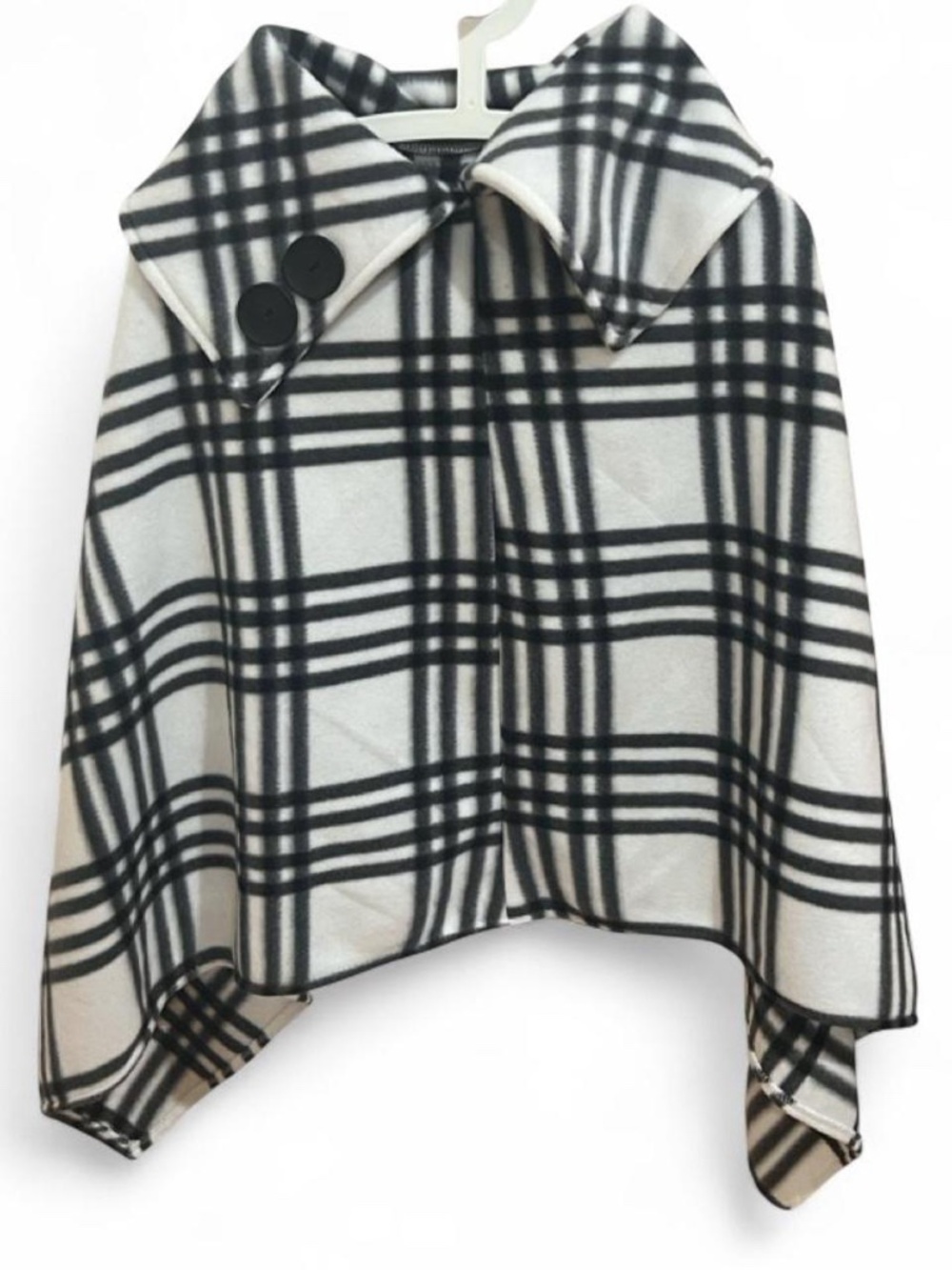 Le Moda Winter White Black Plaid Fleece Poncho Cape Wrap OS Oversized Buttons